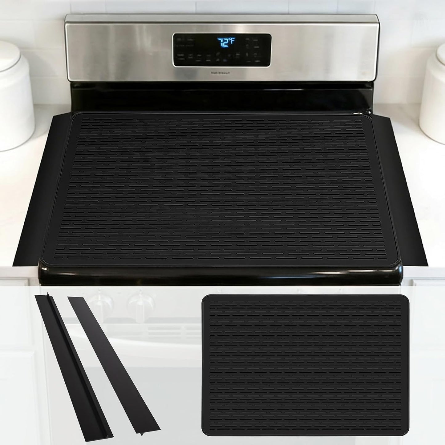28 x 20 in Electric Stove Top Cover Set with 2 Stove Gap Covers | Thickened food-grade silicone glass cooktop protector; 450°F heat resistant, extra counter space, raised-edge dish drying mat