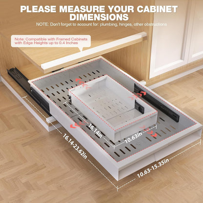 Seinloes Pull Out Cabinet Organizer, 4-Side Expandable to Fit Most Cabinets, 3 Rail Slide Out Drawers with Raising Pad for Framed & Frameless Cabinets, 13"-21" W x 17"-24" D, White, 2 Pack