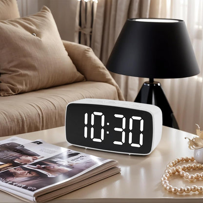 Dimmable LED Alarm Clock 2-Level Brightness, Wired Shaker, Snooze Function, Fits Bedside Table 4.7" L x 1.6" W x 2.4" H White Housing with Blue Light