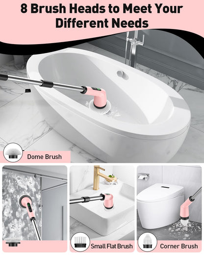 Electric Spin Scrubber for Bathroom, Shower Scrubber with Long Handle | Shower Cleaner Brushes, IPX7 Waterproof & 2 Speed, 3 Brush Heads, 90min Runtime, Bathroom Cleaning Supplies for Toilet Tub