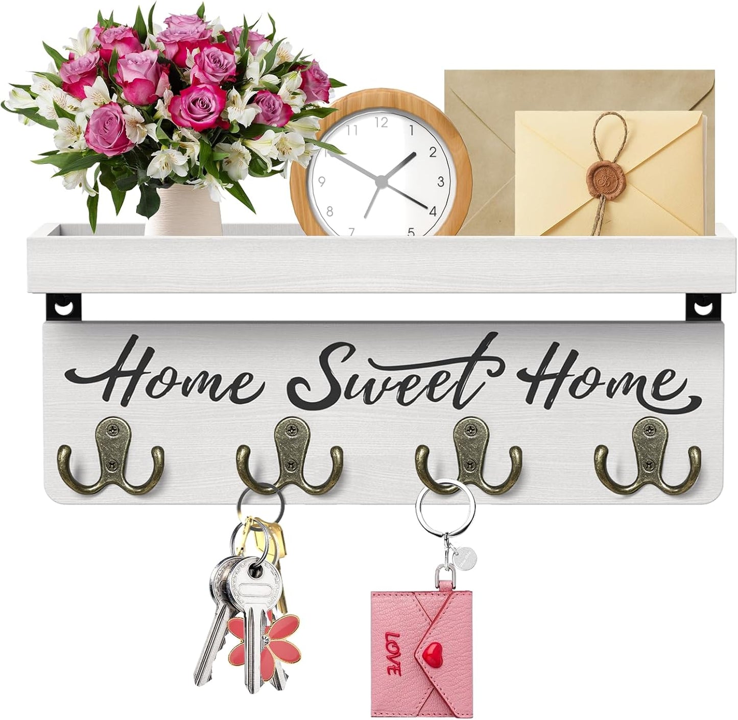 buways Key Holder Wall Mount with 8 Hooks and Cozy Home Sign (Gray) | Solid Wood, Floating Shelf for Keys, Mail, and Daily Essentials in Entryways, Hallways or Home Decor