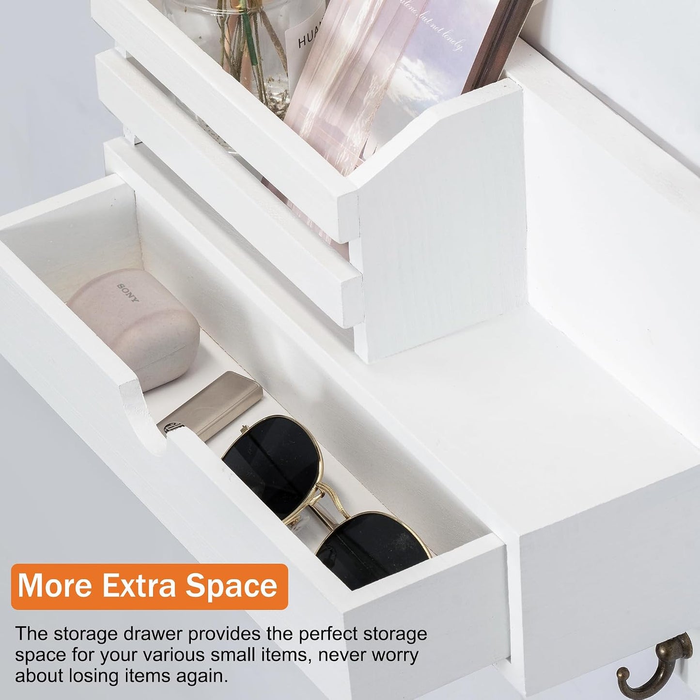 dreampossible Key and Mail Holder for Wall, Mail Organizer Wall Mount with 6 Hooks and Storage Drawer, Wooden Key Rack Hanger with Shelf for Entryway and Home Decor
