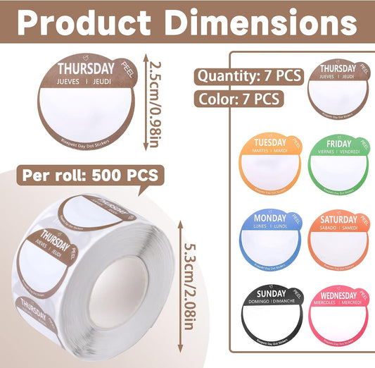 3500 Pieces Self Adhesive Day of the Week Stickers, Removable Day Dots Food Labels, Monday Through Sunday Sticker Tags for Management Inventory Restaurant Kitchen Containers