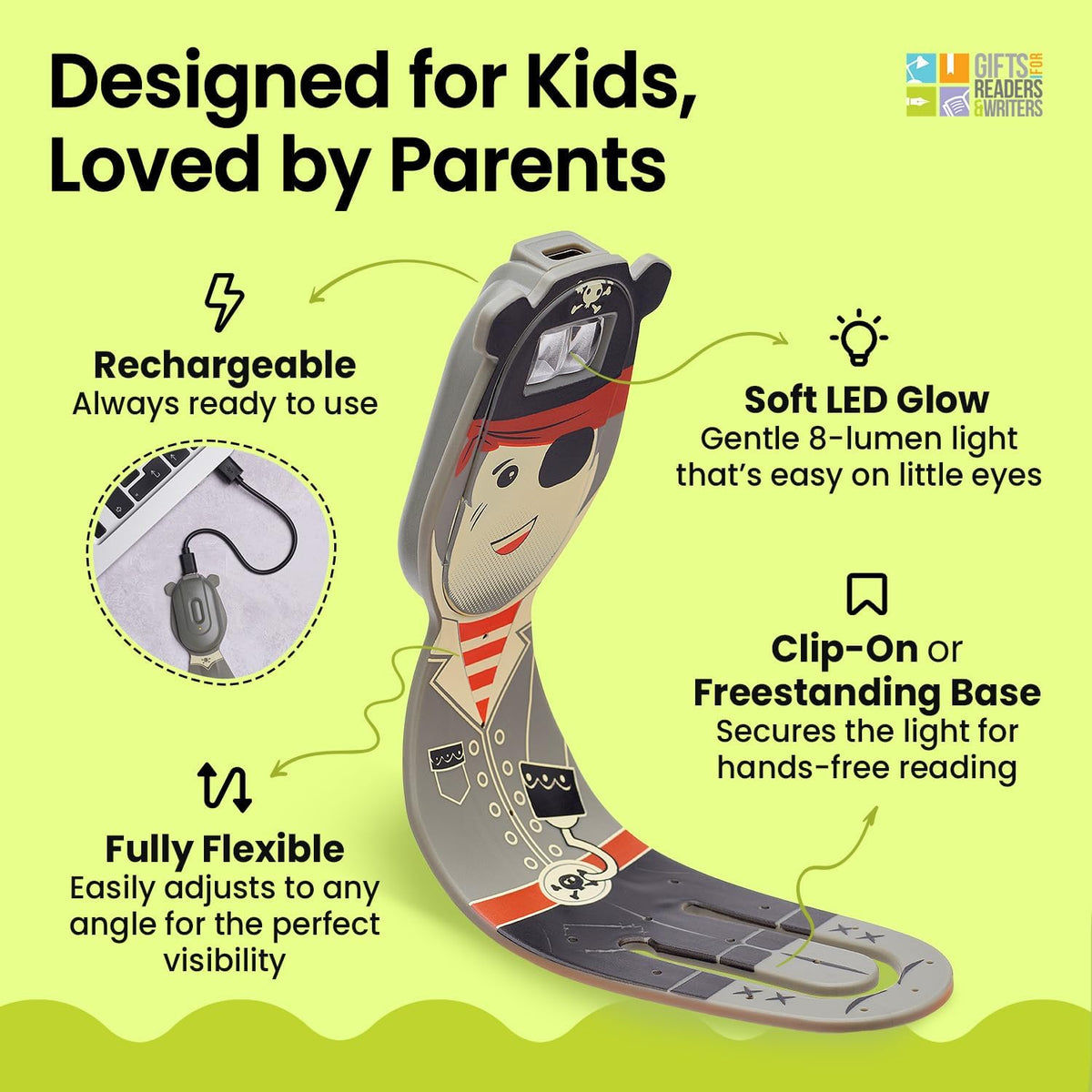 Gifts for Readers & Writers Rechargeable Book Light for Kids, Clip On Reading Light for Bed, 2in1 Flexilight Pals & Bookmark, 12 Hours of Light Once Charged, Includes USB Cable & 2 LED Lights, Dog