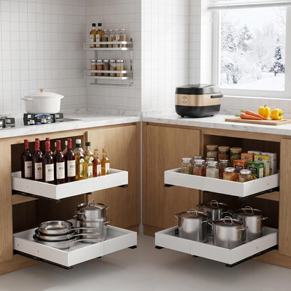 DOMNIU Pull Out Cabinet Organizers Expandable,White,16.9"Depth,2 Pack | Slide Out Drawers for Kitchen, Bathroom, Pantry, Under Sink Storage, Fixed with Adhesive Nano Film (11.6''-17.5'')