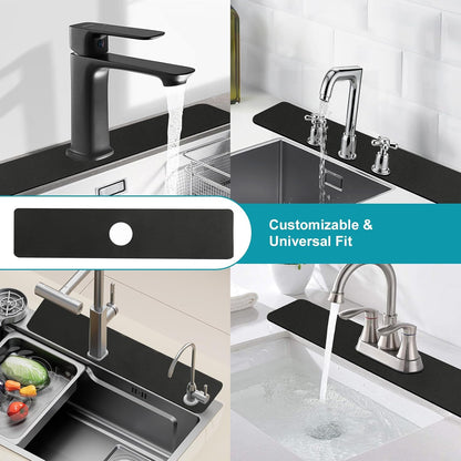 33 Lx5.5 W Long Kitchen Sink Faucet Mat: Customizable Black Splash Guard with Pre-Cut Center Hole for Large Double bowl Sink, DIY to Fits irregular & 2, 3, 4 hole sinks with Soap Dispenser & Air Gap