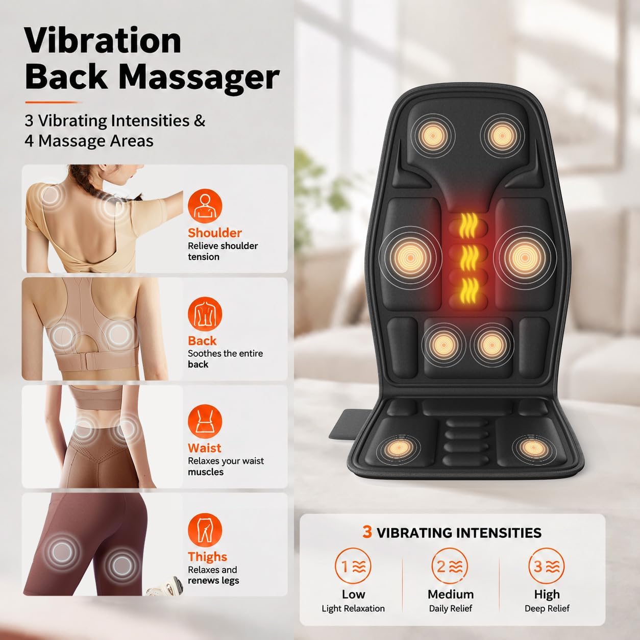 SLOTHMORE Vibration Back Massager for Chair with Heat, Chair Massager Pad with 8 Vibration, Massage Seat Cushion for Office Chair, Home Recliner & Sofa, Relaxing Gifts for Mom & Dad
