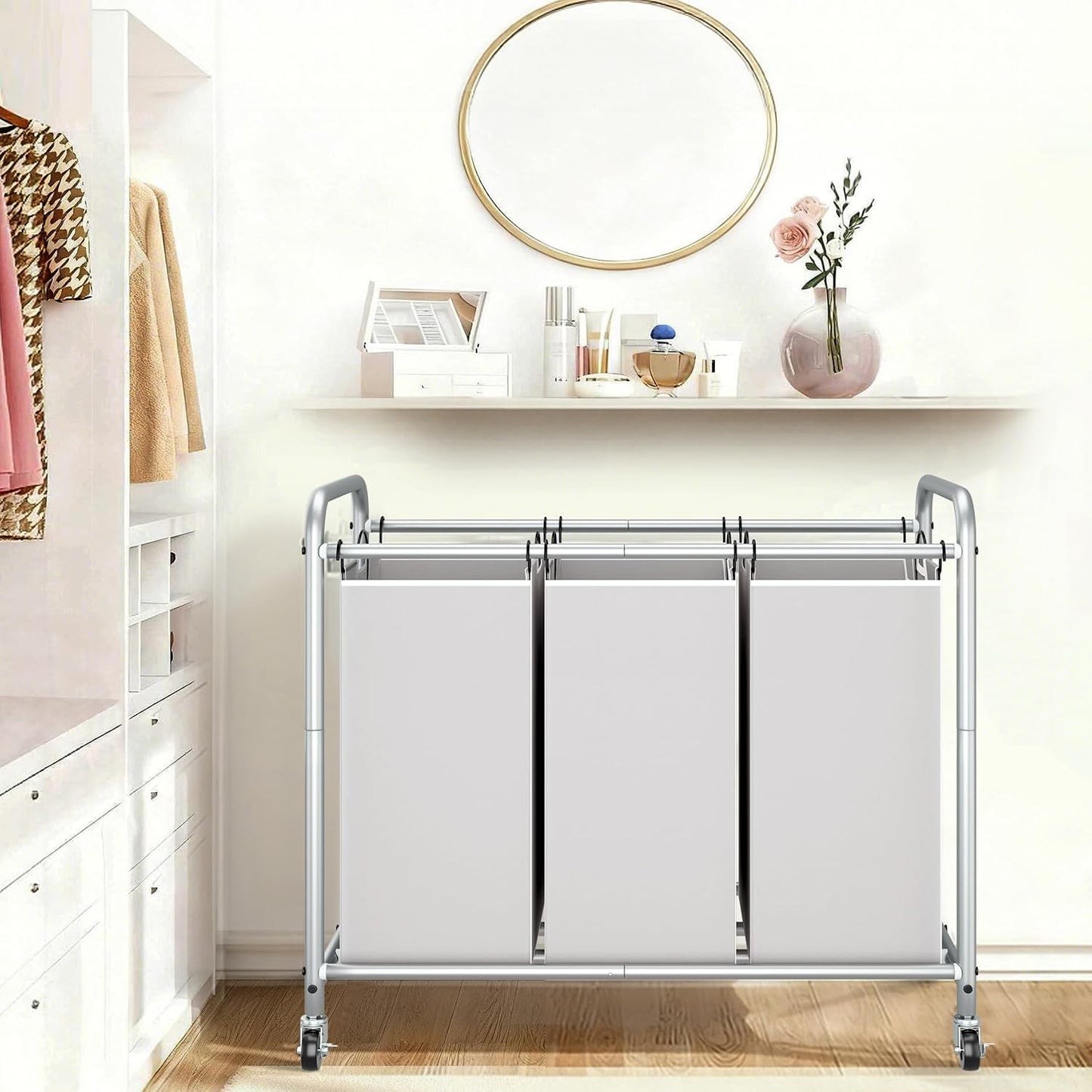 STORAGE MANIAC 3 Section Laundry Sorter, 35.6 Gal (135 L) Laundry Hamper Cart with Heavy Duty Rolling Lockable Wheels and Removable Bags, Clothes Organizer Basket Separator Hamper, Gray