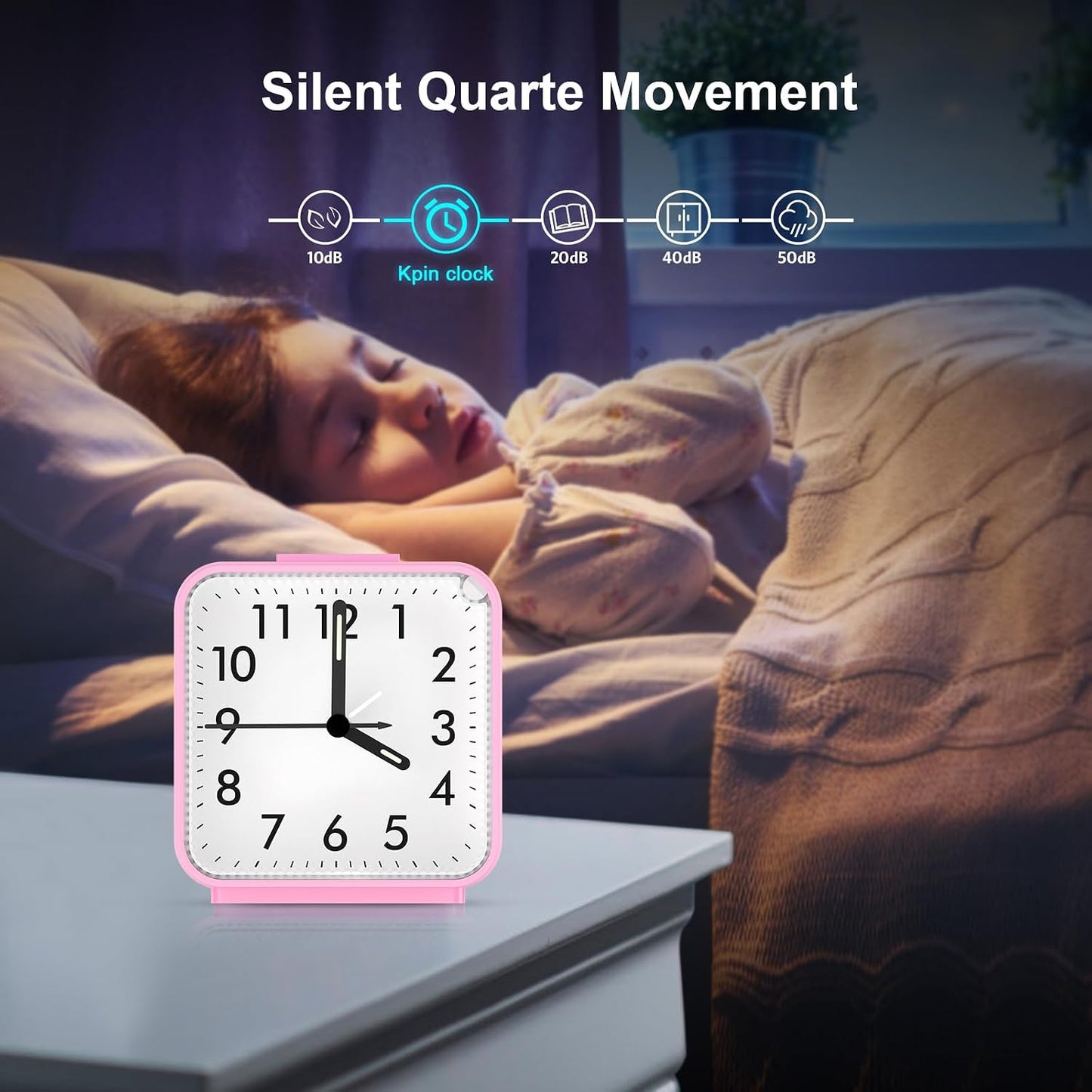 Analog Alarm Clock, Bedside Clocks Battery Powered, Silent Non Ticking Travel Clock with Night Light, Snooze, Easy Set, Clock for Heavy Sleepers Kids Elder Travel Bedroom Office, Pink
