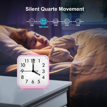 Analog Alarm Clock, Bedside Clocks Battery Powered, Silent Non Ticking Travel Clock with Night Light, Snooze, Easy Set, Clock for Heavy Sleepers Kids Elder Travel Bedroom Office, Pink
