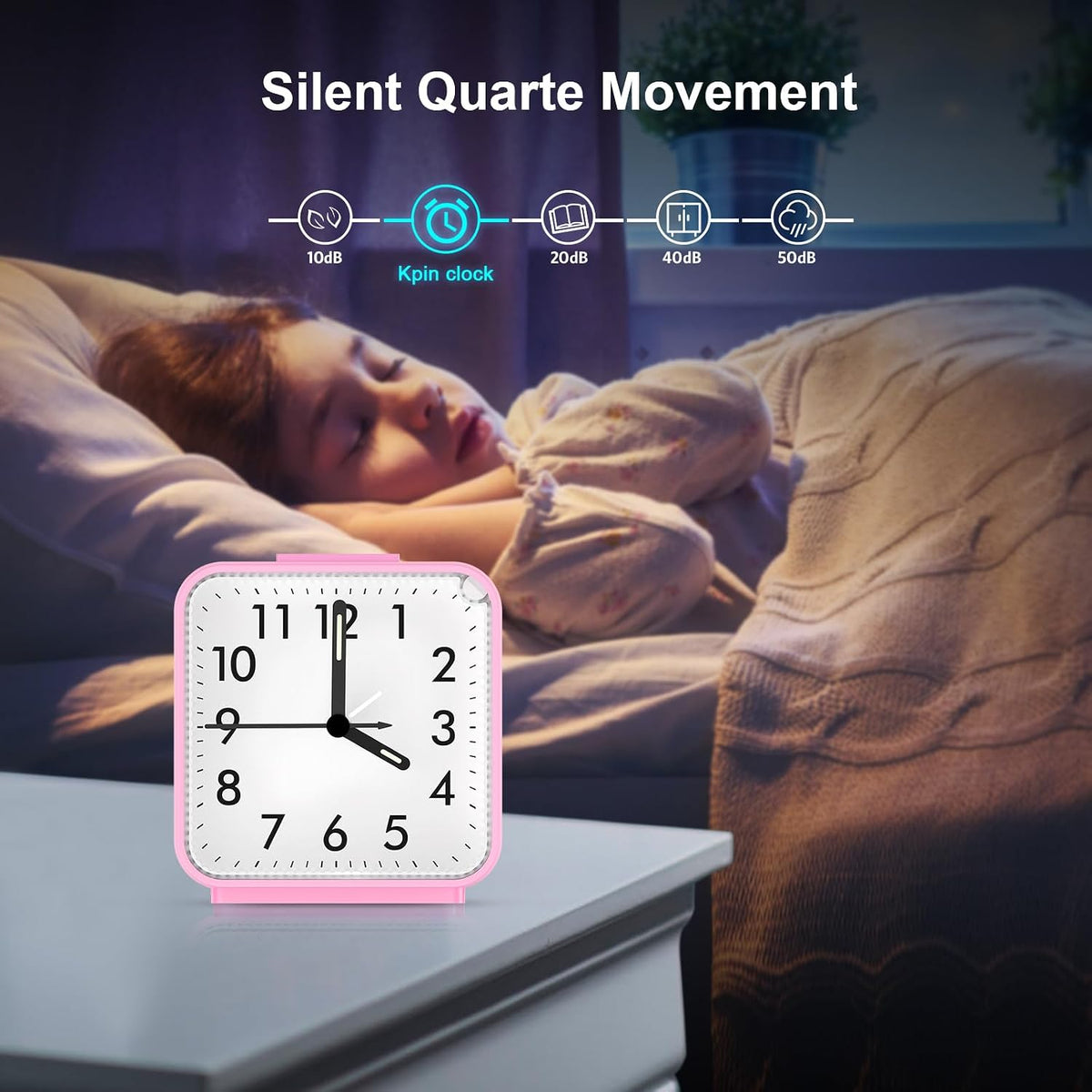 Analog Alarm Clock, Bedside Clocks Battery Powered, Silent Non Ticking Travel Clock with Night Light, Snooze, Easy Set, Clock for Heavy Sleepers Kids Elder Travel Bedroom Office, Pink