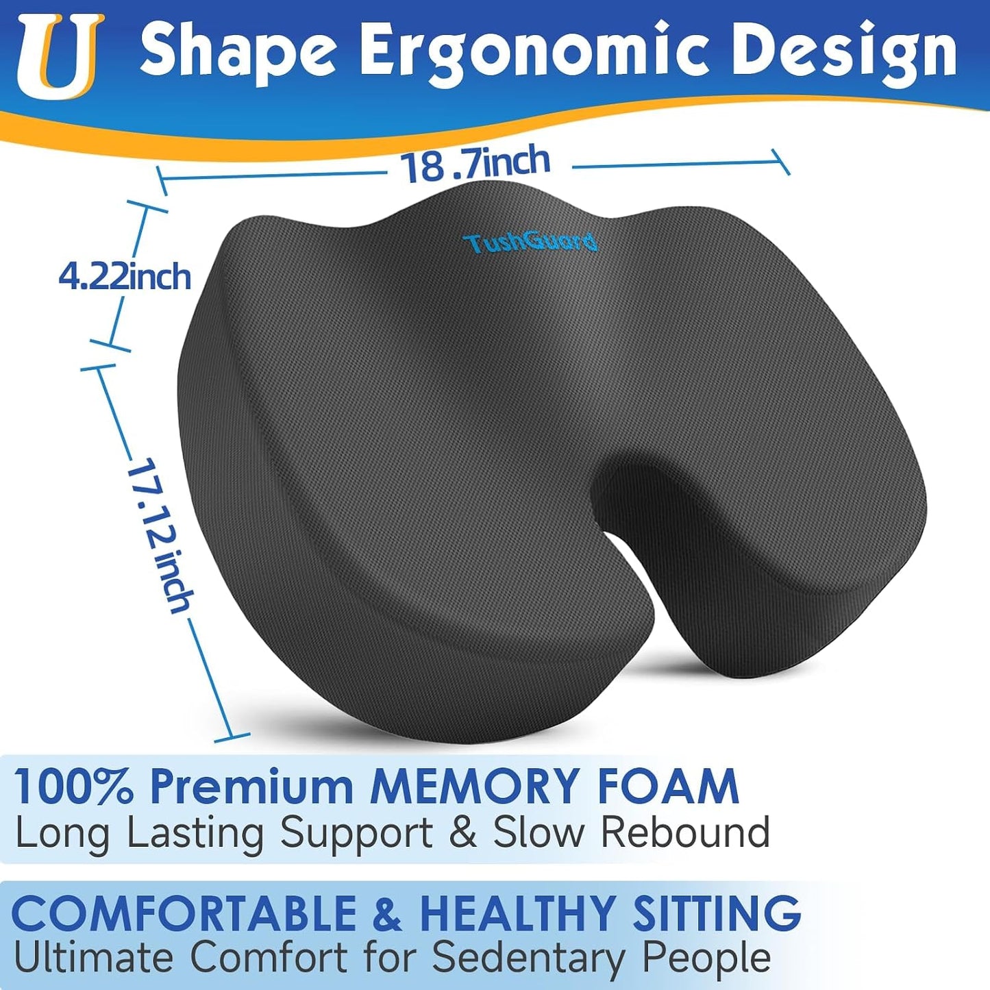 TushGuard Seat Cushion for Office Chair, Car, Memory Foam, Black Large | For Back, Coccyx, Sciatica, Tailbone Pain, Ergonomic Design, Non-Slip, Desk Wheelchair Use, Supportive Butt Pillow, For Man