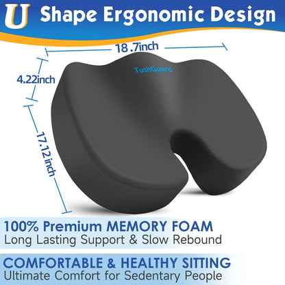 TushGuard Seat Cushion for Office Chair, Car, Memory Foam, Black Large | For Back, Coccyx, Sciatica, Tailbone Pain, Ergonomic Design, Non-Slip, Desk Wheelchair Use, Supportive Butt Pillow, For Man