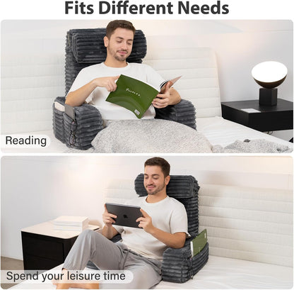 ENITYA 22" XL Back Pillow for Bed Sitting Up with Armrests & Big Pockets | Reading Pillow for Bed, Soft Back Support Chair, Ideal for Watching TV, Gaming, Nursing, Resting, Post Surgery, Dark Grey