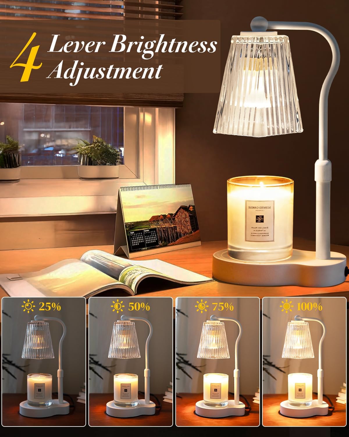 Candle Warmer Lamp with Timer & Dimmable Settings, Adjustable Height Flameless Scented Wax Melter for Jar Candles, Elegant Home Decor Warmer Lamp with 2 Bulbs, Gift for Women Mom Friend Family, White