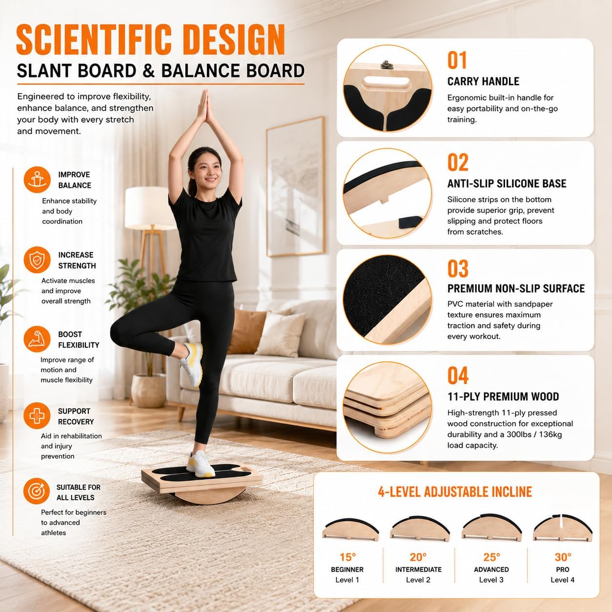 3 in 1 Adjustable Wooden Slant Board for Stretching & Physical Therapy, Anti-Slip 5 Angle Portable Calf & Achilles Tendon Stretching Board, 400 lbs Capacity, Improve Flexibility, Foot Pain Relief