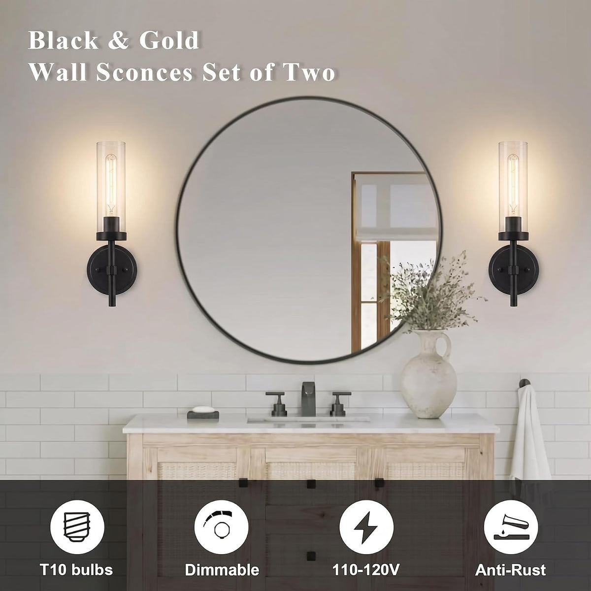 Wireless Wall Sconces with Remote Control, Battery Operated Wall Sconce Set of 2, Black & Gold Rechargeable Dimmable Wall Light for Bedroom Living room Bathroom Hallway Entryway Stairwell, 3000K