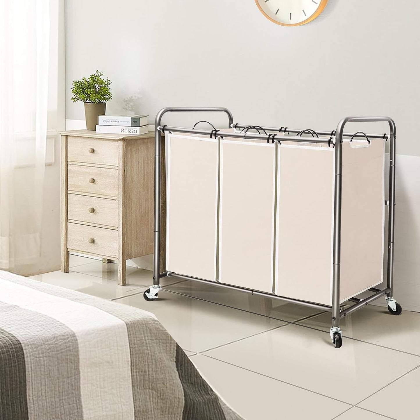 STO STO Laundry Sorter 3 Section, 3 Bag Clothes Hamper, Rolling Laundry Cart Basket with Heavy Duty Lockable Wheels and Removable Bag for Laundry Room, Bedroom, Closet, Black