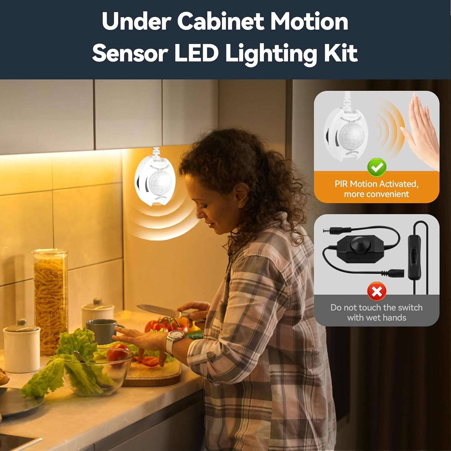 Under Bed Lights Motion Sensor COB LED Strip 3000K Warm White 2-Pack 6.56Ft | Dimmable 12V indoor night light. Ideal for bedside, under cabinet, stairs, closet. Easy install, motion activated auto-on/off