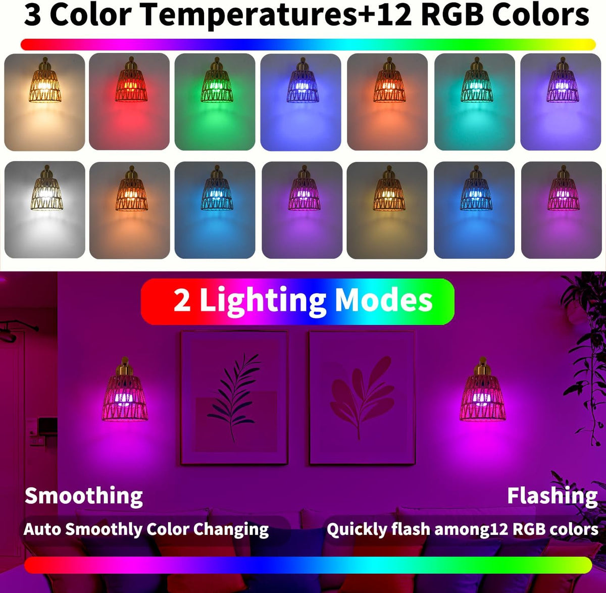 Boho Battery Operated Wall Sconces, Rattan Wall Sconce Set of 2 with Remote, RGB 15 Colors Dimmable Rechargeable Wall Light, Black Indoor Wireless Wall Lamp, Farmhouse Rattan Wall Lighting for Bedroom