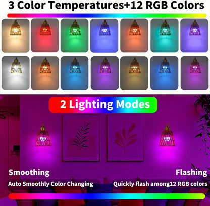 Boho Battery Operated Wall Sconces, Rattan Wall Sconce Set of 2 with Remote, RGB 15 Colors Dimmable Rechargeable Wall Light, Black Indoor Wireless Wall Lamp, Farmhouse Rattan Wall Lighting for Bedroom