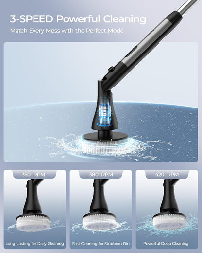 MayKing Electric Spin Scrubber with 9 Brush Heads, IPX7, Model Blue | 3-Angle & 4-Length Adjustable Cordless Power Scrubber, 3-Speed & Battery LED Display, for Bathroom, Tub, Floor & Tiles