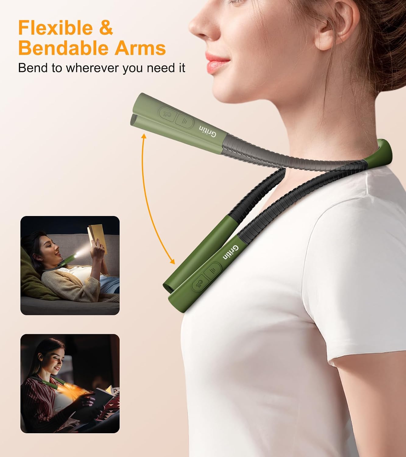 Gritin Book Light, Eye Caring 4-Color&5-Brightness Neck Light Reading Light | Stepless Dimming, 30-min Timer, 80+ Hrs Runtime, Bendable Round Neck Design, Lightweight for Reading, Knitting, Repairing