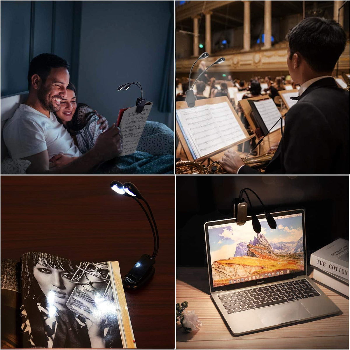 Music Stand Light, 1/2/4/ Clip on LED Book Lights, USB and AAA Battery Operated, Reading Lamp in Bed, 4 Brightness Levels, Ideal for Musician, Piano Player, Sheet Music, Travel (Dual Arm)