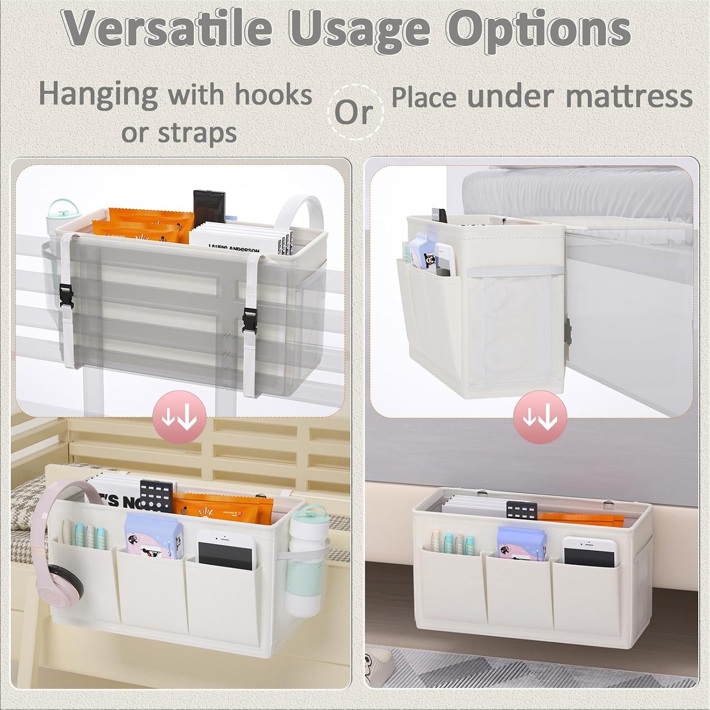 Bedside Caddy Bedside Storage Hanging Organizer for Bunk Dorm Bed Rail | Bed Caddy with Hooks, Top Bunks and Dorm Essentials for Water, Tissues, Tablets, Books, Phones, Remotes and Other Necessories