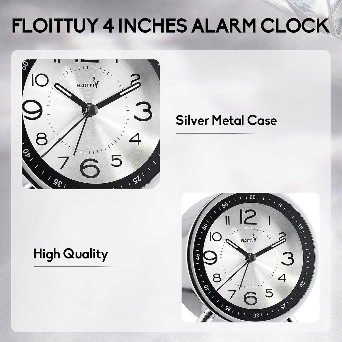 FLOITTUY Super Silent Metal Alarm Clock,Beep Wake Round Alarm Clock with Night Light,Battery Operated,Easy Set,Simple & Retro for Desk, Bedroom and Home Decoration(Creamy White)