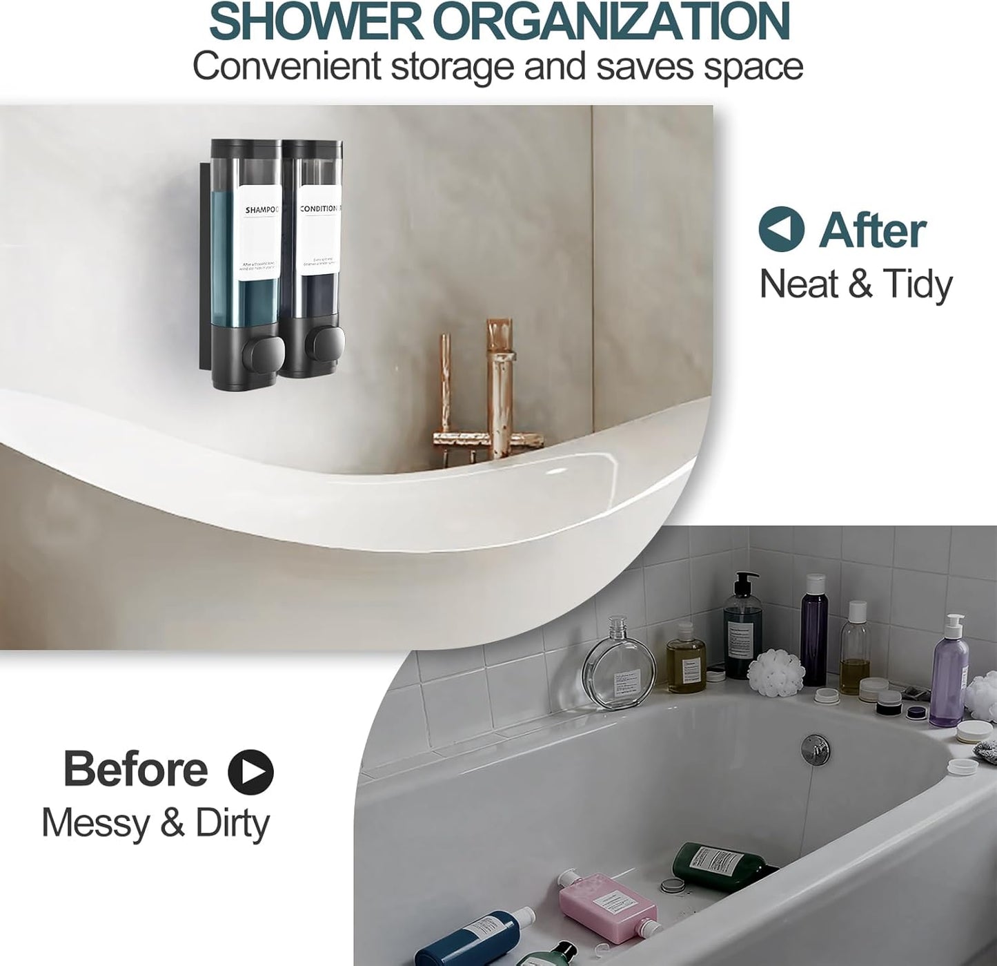 Shampoo Conditioner Shower Soap Dispenser 3 Chamber Wall Mount Black | Refillable. Leakproof 900ml. No-Drill Wall Mount. Soap, Shampoo, Conditioner, Body Wash, Shower Gel, Bathroom Set. BPA-Free.