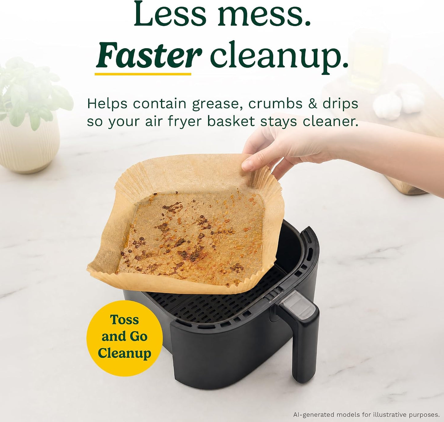 Cuisinart Air Fryer Liners Disposable, 150 Pack, 7.75" Square | Food-grade unbleached silicone-coated parchment for air fryer basket, non-stick to 428F, traps grease, oven & microwave safe