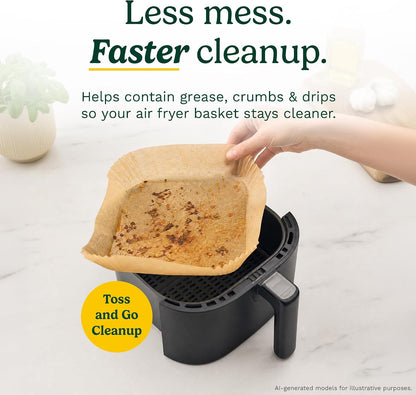 Cuisinart Air Fryer Liners Disposable, 150 Pack, 7.75" Square | Food-grade unbleached silicone-coated parchment for air fryer basket, non-stick to 428F, traps grease, oven & microwave safe