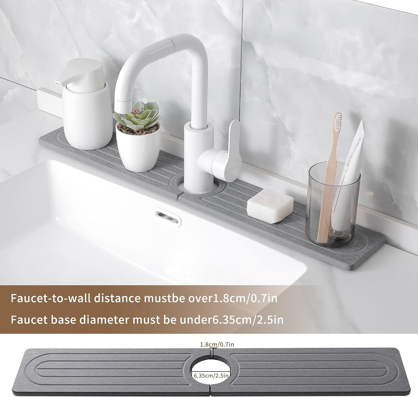 Diatomite Faucet Mat for Kitchen Sink, Quick-Dry Stone-Like Sink Mat, Flat Lay Absorbent Countertop Drying Mat for Faucet Area, Hard Diatomite Mat, Gray, 23.6 x 4 in