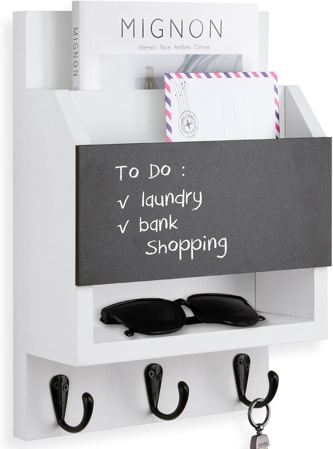 Key and Mail Holder for Wall with Chalkboard and Long Storage Box | Key Holder, Key Hanger with 3 Sturdy Hooks for Coat, Dog Leash, Entryway Mail Organizer
