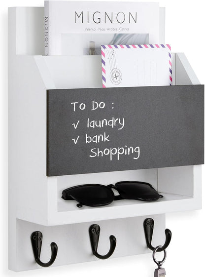 Key and Mail Holder for Wall with Chalkboard and Long Storage Box | Key Holder, Key Hanger with 3 Sturdy Hooks for Coat, Dog Leash, Entryway Mail Organizer