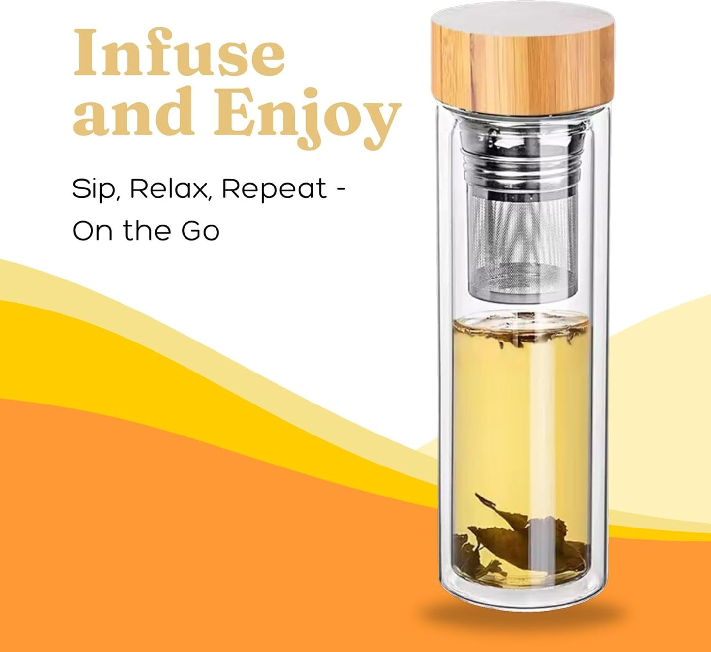 15oz Double Wall Glass Water Bottle with Bamboo Lid and Tea Infuser – Insulated, Leak-Proof, and Eco-Friendly Travel Tea Mug with Filter for Hot or Cold Beverages | Built-In Filter, Leak-Proof Double-Wall Glass, Loose-Leaf Tea, Fruit-Infused Water,