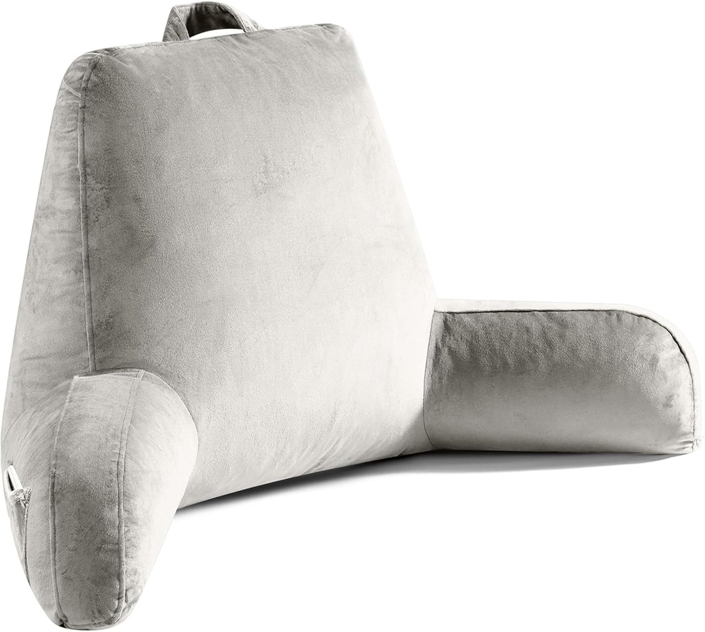 OAISZ Reading Pillow for Sitting in Bed with Shredded Memory Foam, Grey | 19-Inch Back Pillow for Sitting Up in Bed, Extended Arms, Side Pockets, Supportive Adjustable Pillow Removable Washable Cover