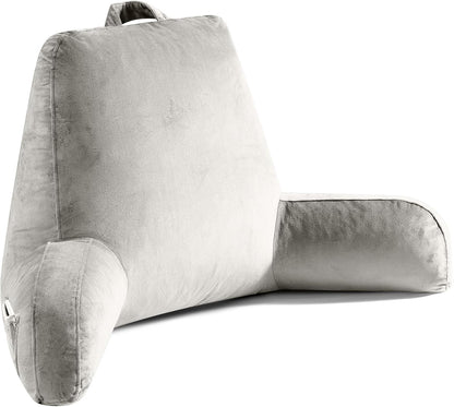 OAISZ Reading Pillow for Sitting in Bed with Shredded Memory Foam, Grey | 19-Inch Back Pillow for Sitting Up in Bed, Extended Arms, Side Pockets, Supportive Adjustable Pillow Removable Washable Cover