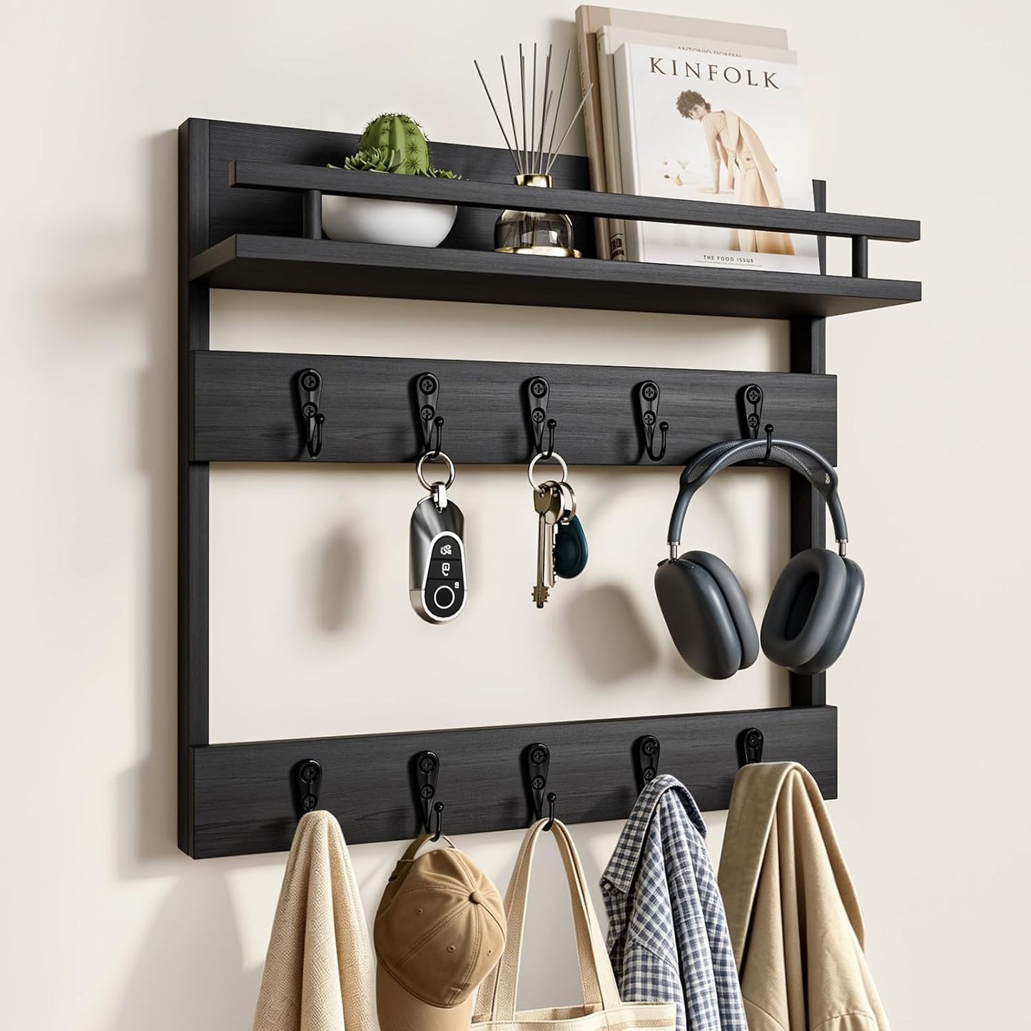 Two-Tier Wall Key Holder with Shelf,Wooden Key Holder Wall Mount | 4 in 1 Coat and Key Hanger with 10 Metal Hooks,Entryway Key Holder with Shelf,Mail Holder for Wall,Mail Organizer