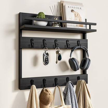 Two-Tier Wall Key Holder with Shelf,Wooden Key Holder Wall Mount | 4 in 1 Coat and Key Hanger with 10 Metal Hooks,Entryway Key Holder with Shelf,Mail Holder for Wall,Mail Organizer