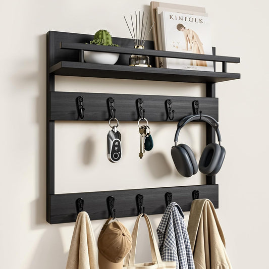 Two-Tier Wall Key Holder with Shelf,Wooden Key Holder Wall Mount | 4 in 1 Coat and Key Hanger with 10 Metal Hooks,Entryway Key Holder with Shelf,Mail Holder for Wall,Mail Organizer