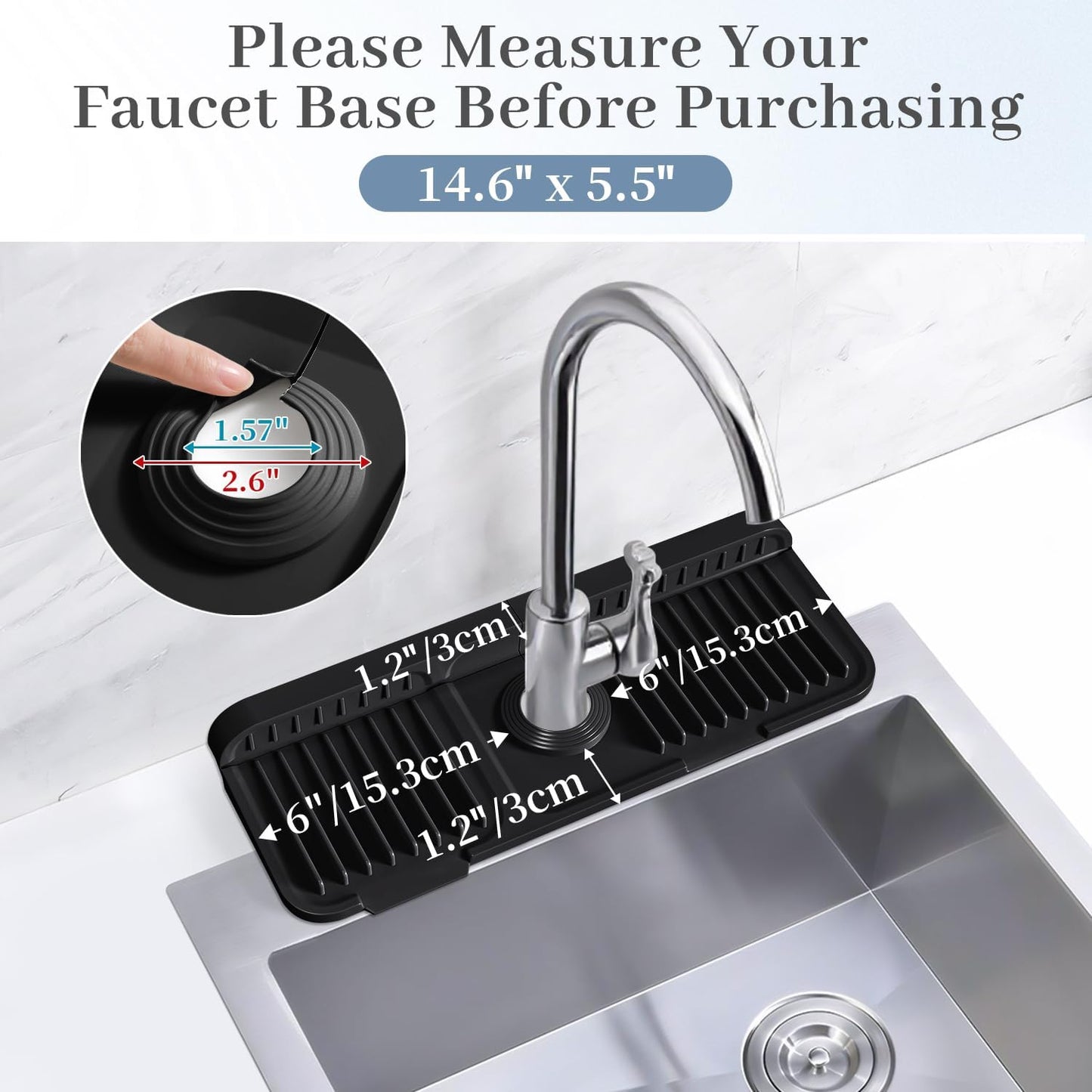 PoYang 24 Inch Faucet Mat for Kitchen Sink Splash Guard, Silicone, Black | Sink Protectors with 7° Slope for Smooth Drainage, Snap Button Holds It in Place, 90° Foldable & Cuttable Hole Fit Most Sinks
