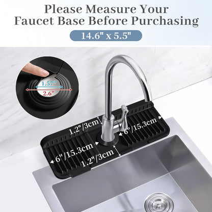 PoYang 24 Inch Faucet Mat for Kitchen Sink Splash Guard, Silicone, Black | Sink Protectors with 7° Slope for Smooth Drainage, Snap Button Holds It in Place, 90° Foldable & Cuttable Hole Fit Most Sinks