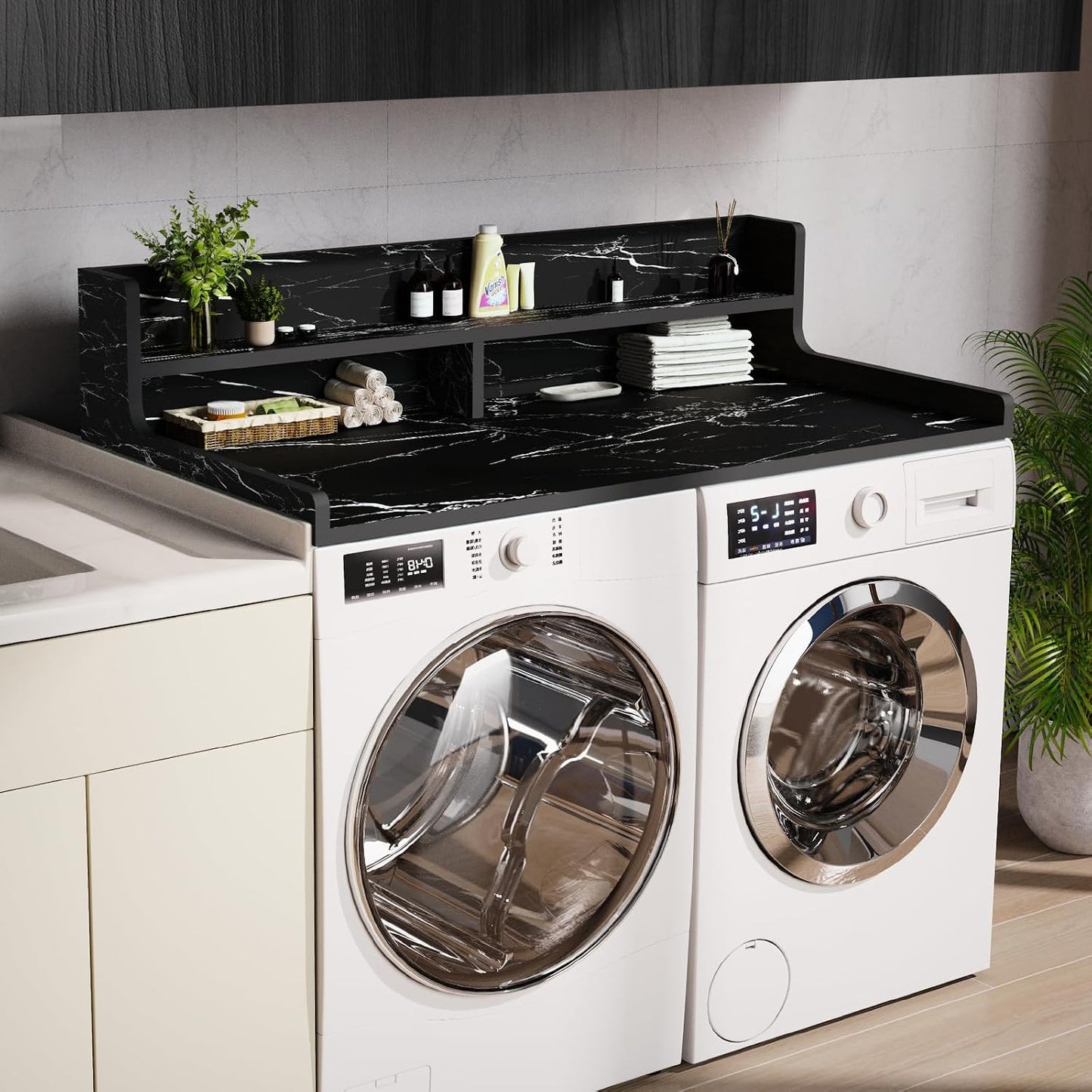 Washer Dryer Countertop, 54" x 27.55" 2-Tier Washer Dryer Topper with Edge, for Laundry Room Organization Oak