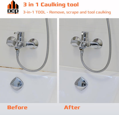 DCP Donseal 3 in 1 Caulking Tool Kit – Silicone Caulking Tool for Removal, Scraping & Finishing – Precise Caulk Remover & Applicator with 5 Tooling Pads – Stainless Steel Caulk Scraper for Smooth Seal