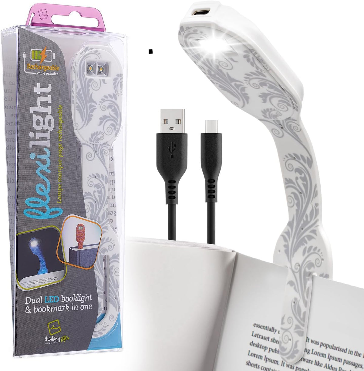 Gifts for Readers & Writers Rechargeable Book Light for Kids, Clip On Reading Light for Bed, 2in1 Flexilight Pals & Bookmark, 12 Hours of Light Once Charged, Includes USB Cable & 2 LED Lights, Dog