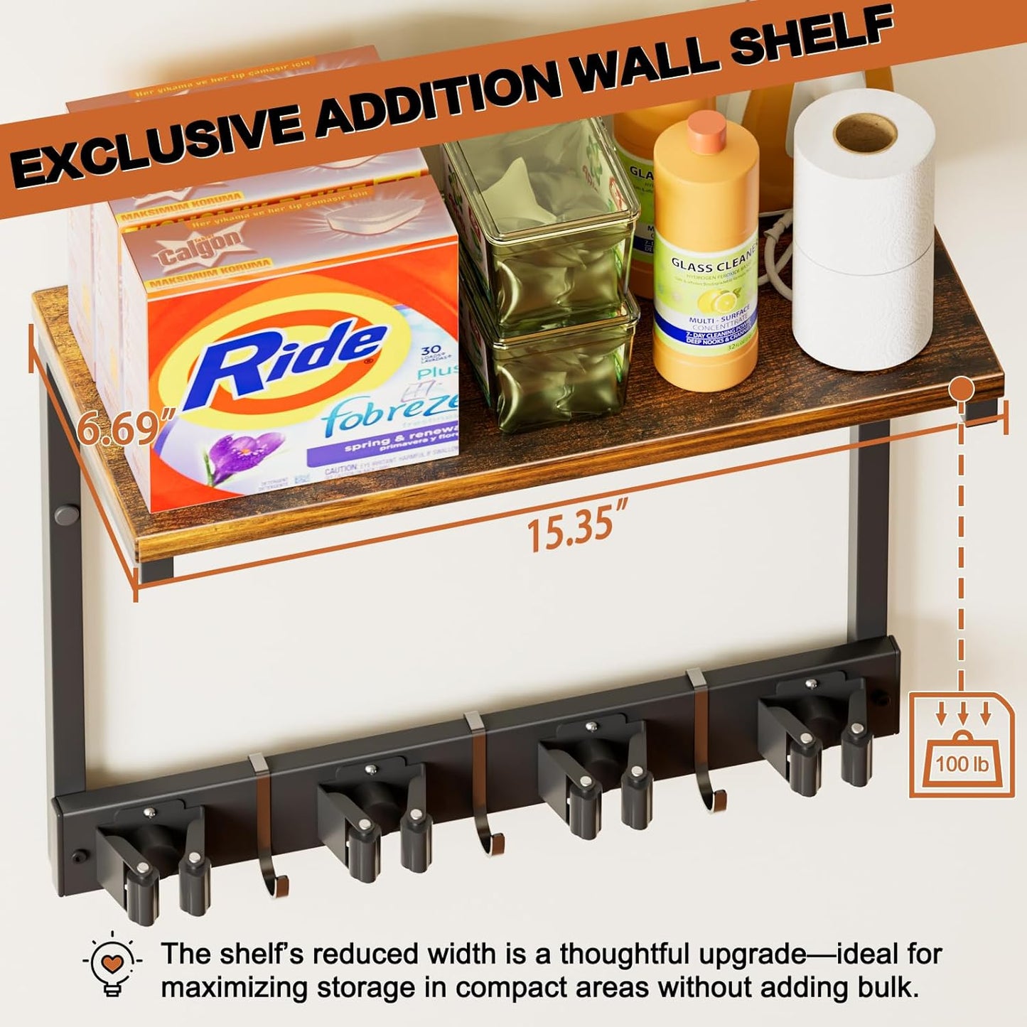 Broom Holder Wall Mount with Cleaning Supplies Organizer, Laundry Room Organization and Storage Shelves with Mop Hanger Rack Gripper Hooks, Utility Shelf Closet Organizer for Home Garage Kitchen