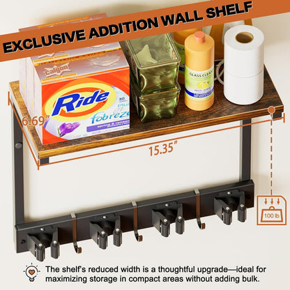 Broom Holder Wall Mount with Cleaning Supplies Organizer, Laundry Room Organization and Storage Shelves with Mop Hanger Rack Gripper Hooks, Utility Shelf Closet Organizer for Home Garage Kitchen