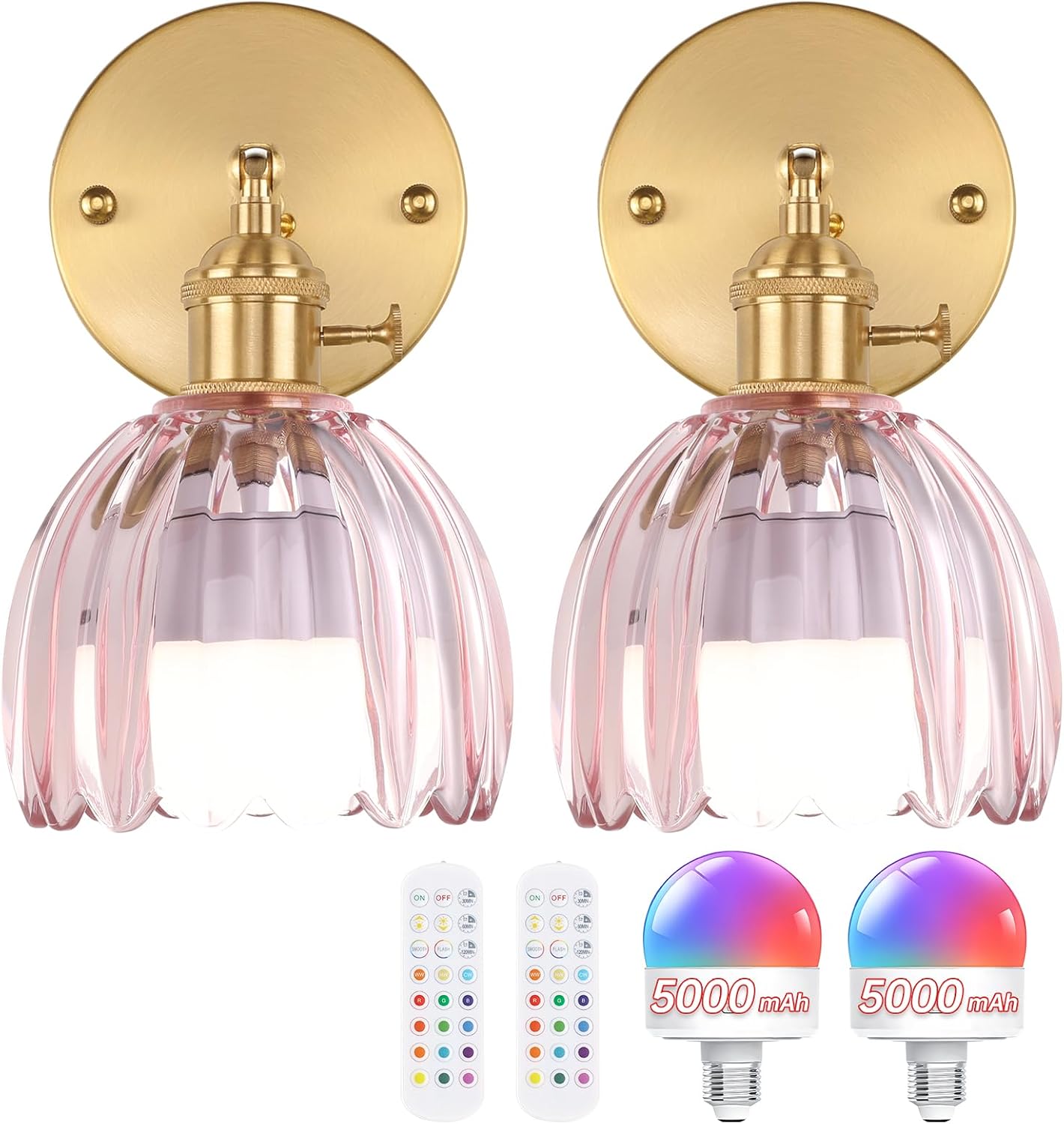 Shenmoyl Vintage Battery Operated Wall Sconce with Green Tulip Glass Lampshade Rechargeable Battery Powered Wall Light with Remote Control for Bedside Bedroom Doorway